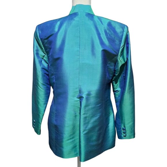 Vtg Cedro 2 Piece Womens Suit Sz S/M Iridescent Teal Blue 100% Silk Pantsuit Set - Picture 4 of 16